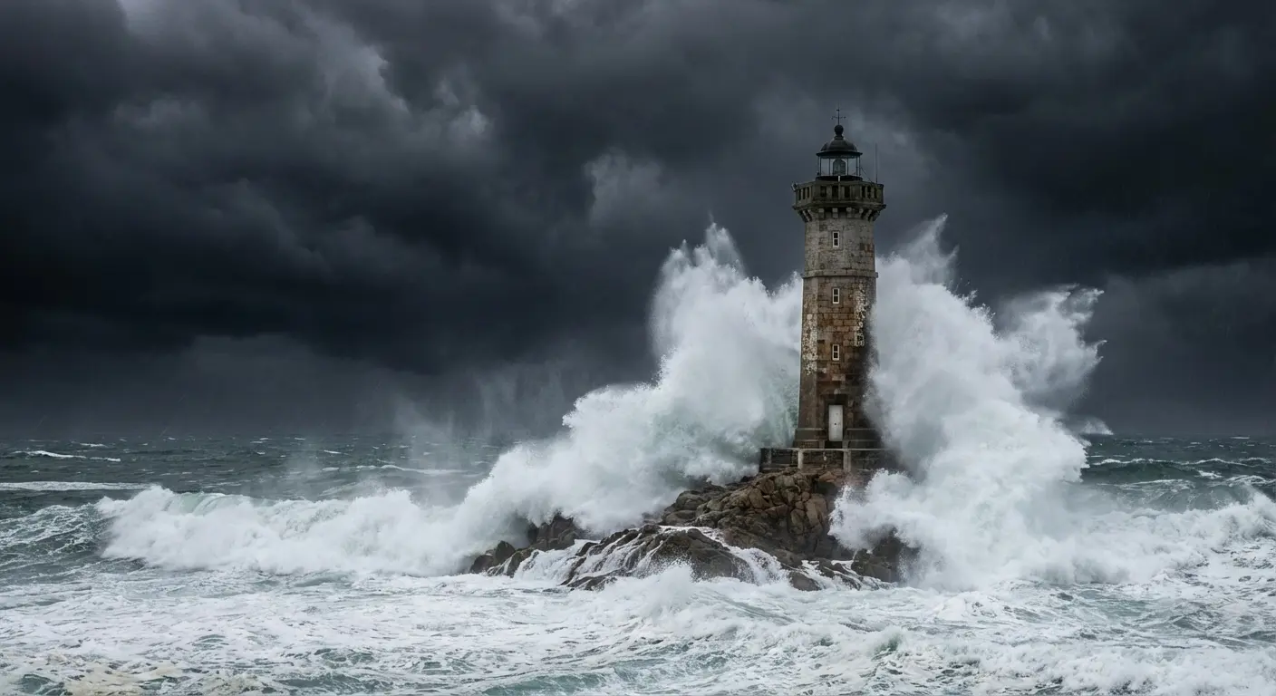 Storm-weathered lighthouse tattoo with crashing waves