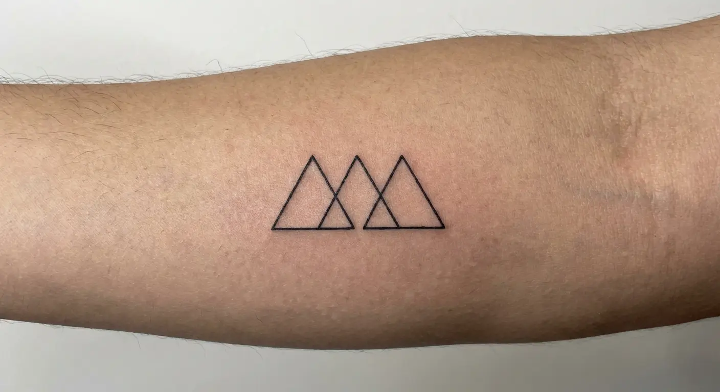 Three minimalist triangle tattoos on forearm - clean lines, simple placement