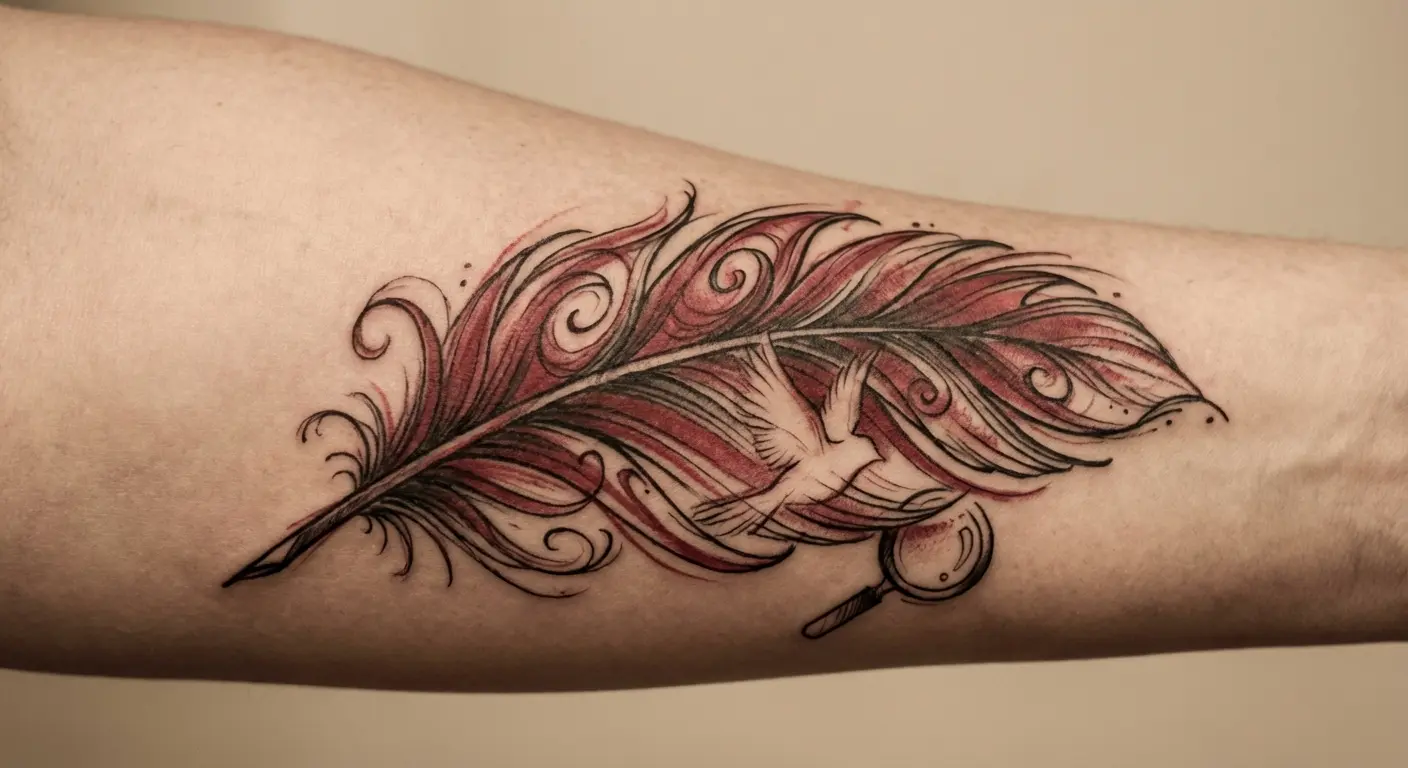 Cardinal feather with hidden bird detail tattoo