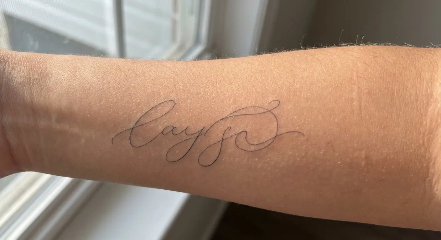 Delicate script running along inner forearm in thin continuous lettering
