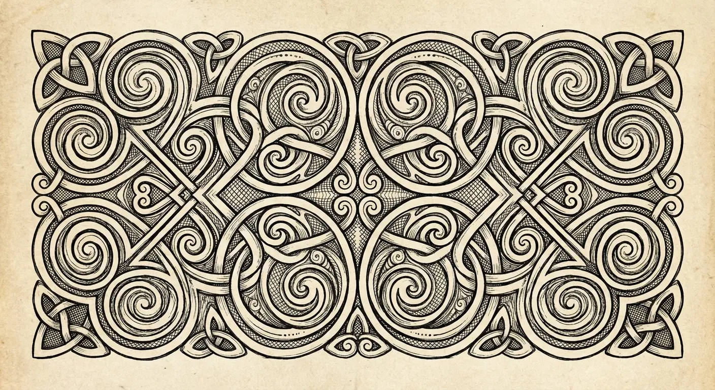 Latin phrase framed by intricate Celtic knotwork in continuous border