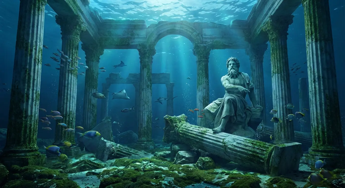 Poseidon among temple ruins beneath waves