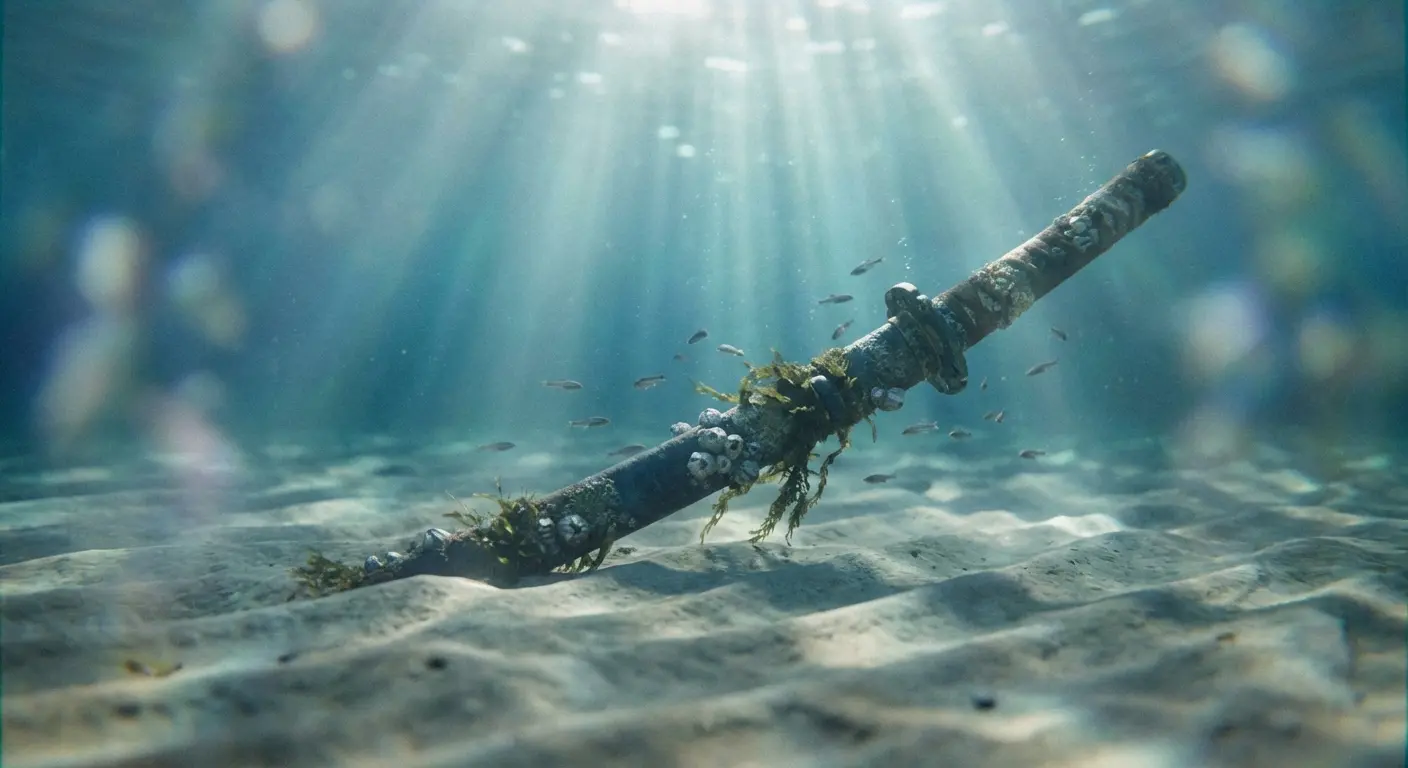 Katana submerged underwater on ocean floor