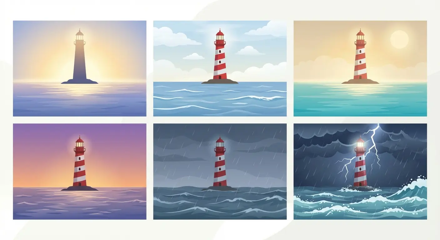 Narrative scene-based lighthouse tattoo composition