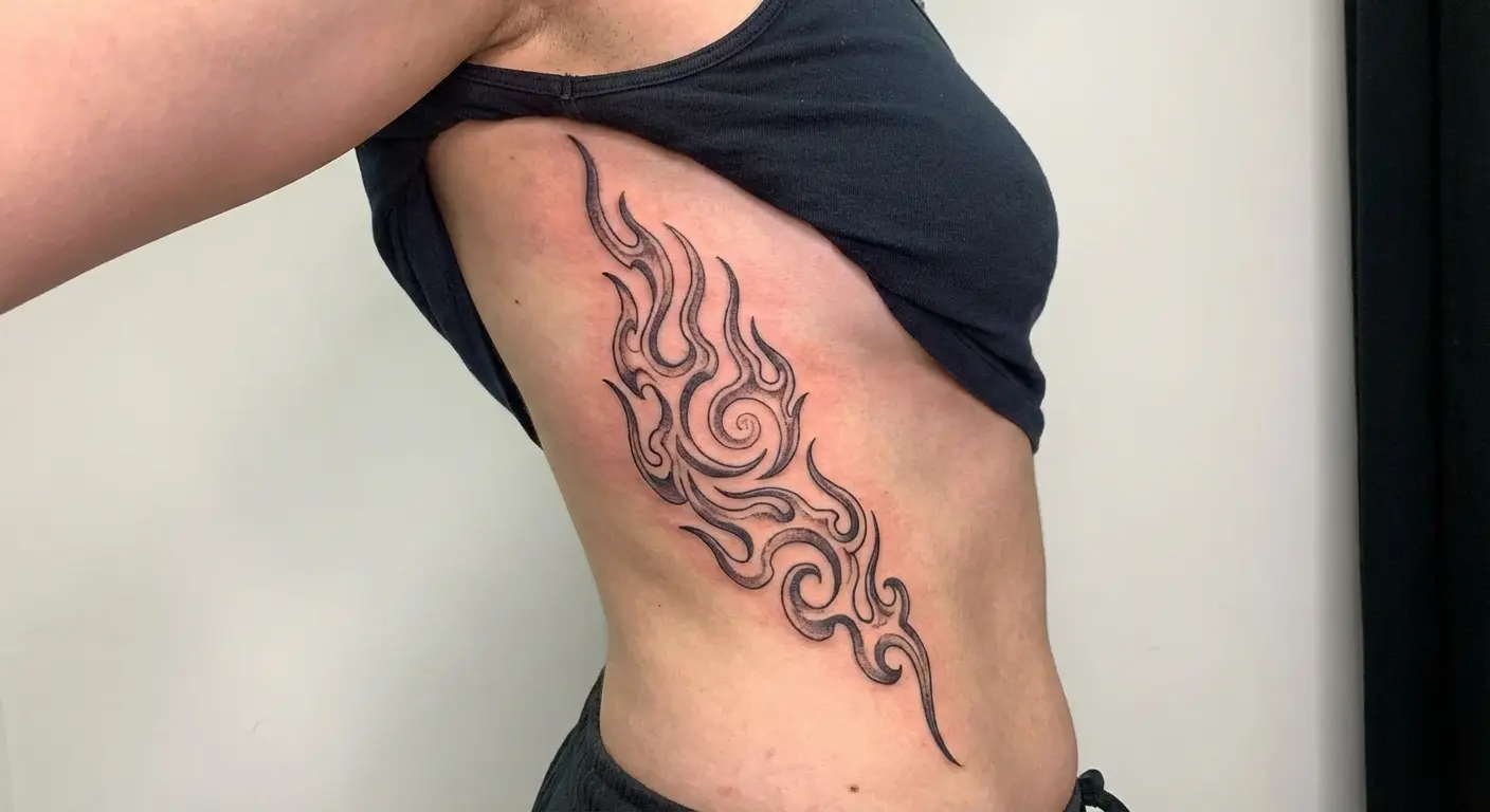 Ribcage flame spiral curse mark tattoo
