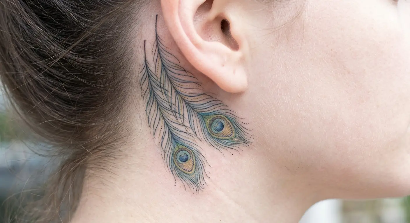 Linework peacock feather behind ear