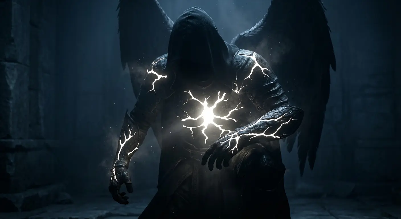 Light breaking through dark angel wings