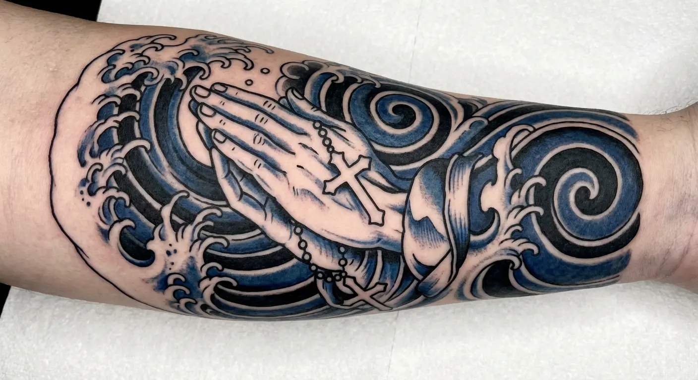 Japanese wave background praying hands fusion tattoo