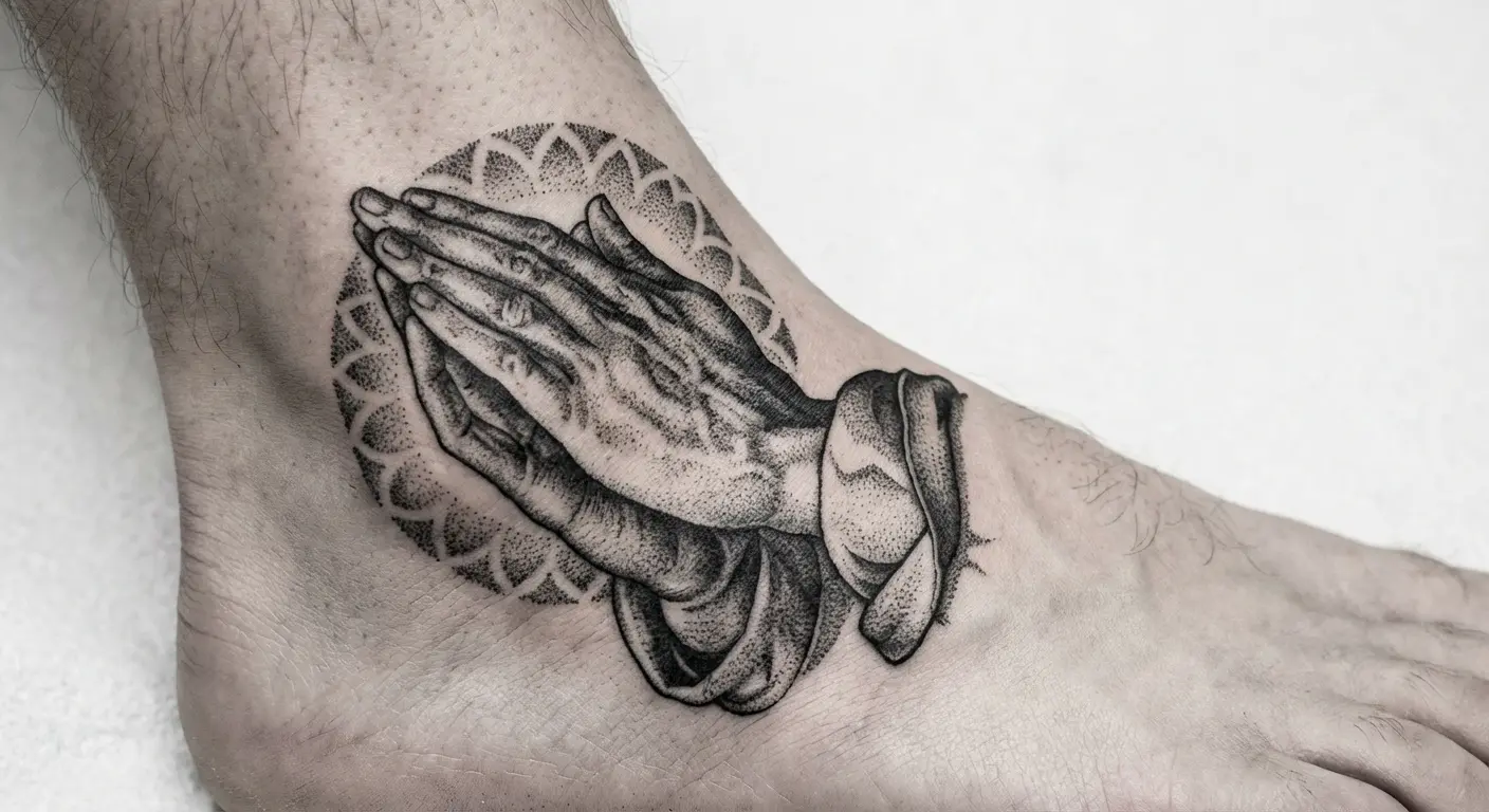 Dotwork praying hands ankle tattoo