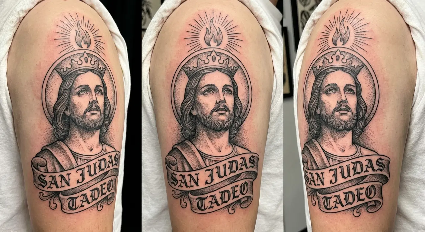 Traditional San Judas portrait with crown tattoo