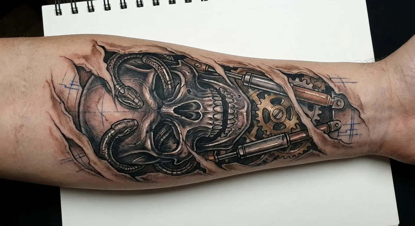 Biomechanical Dark Mark integration tattoo