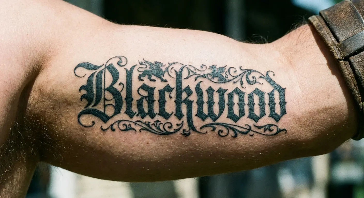 Script forearm last name tattoo design