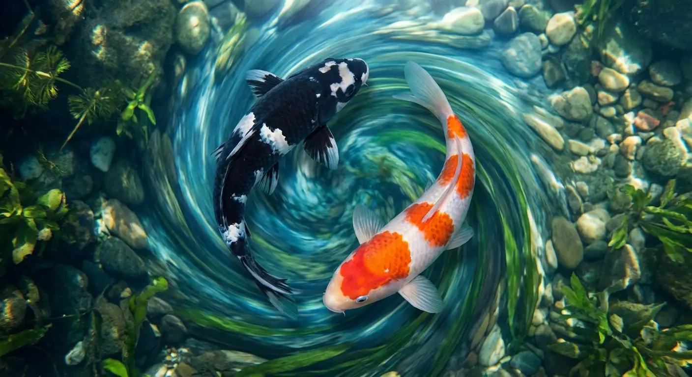 Paired koi fish in circular yin-yang pattern