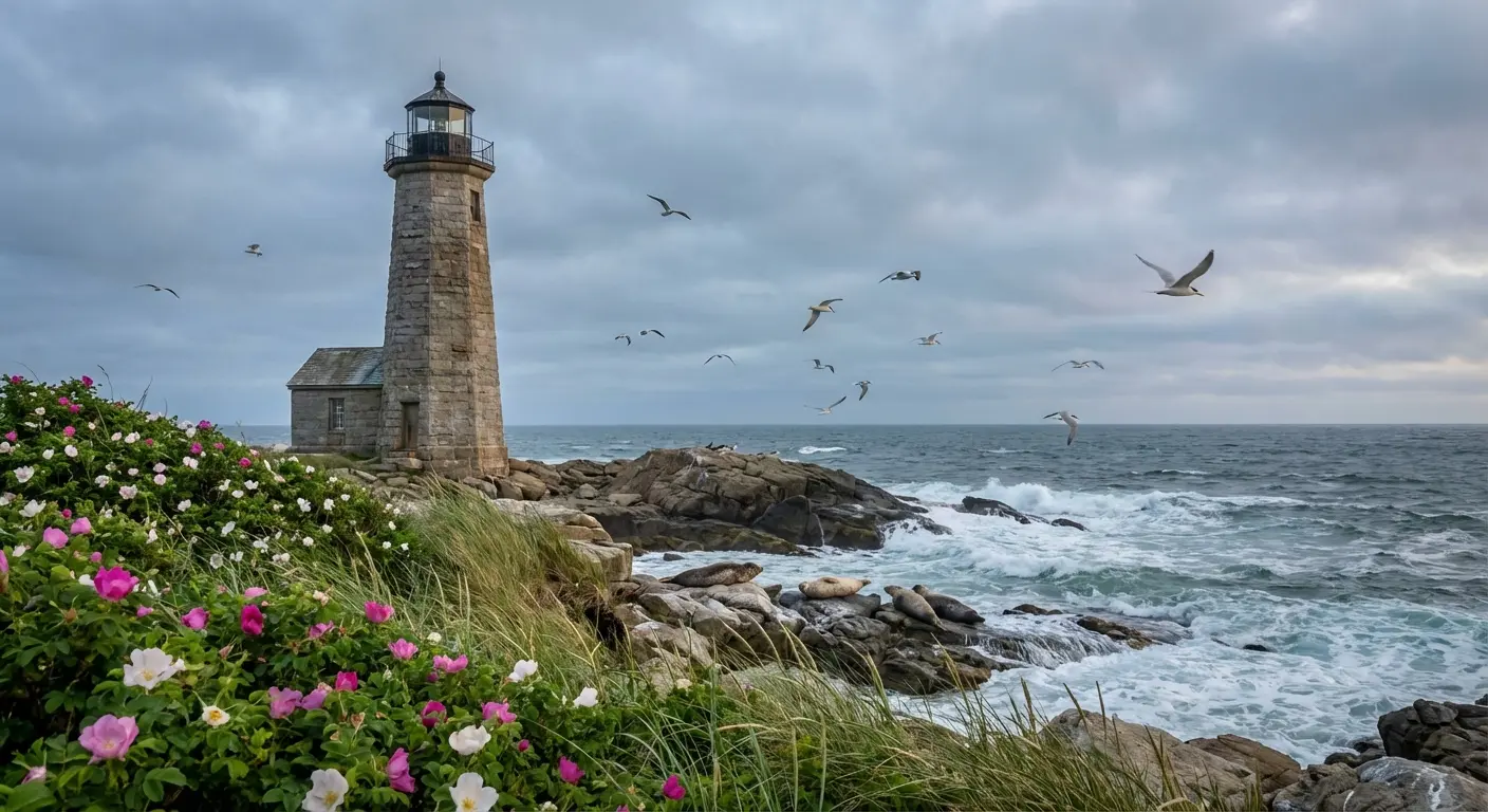 Lighthouse with maritime flora and fauna