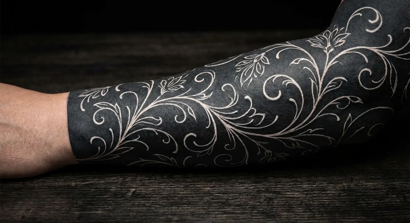 White ink overlay on blackout tattoo base