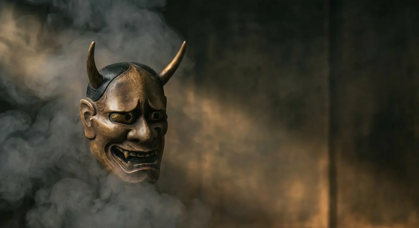 Hannya mask emerging from smoke