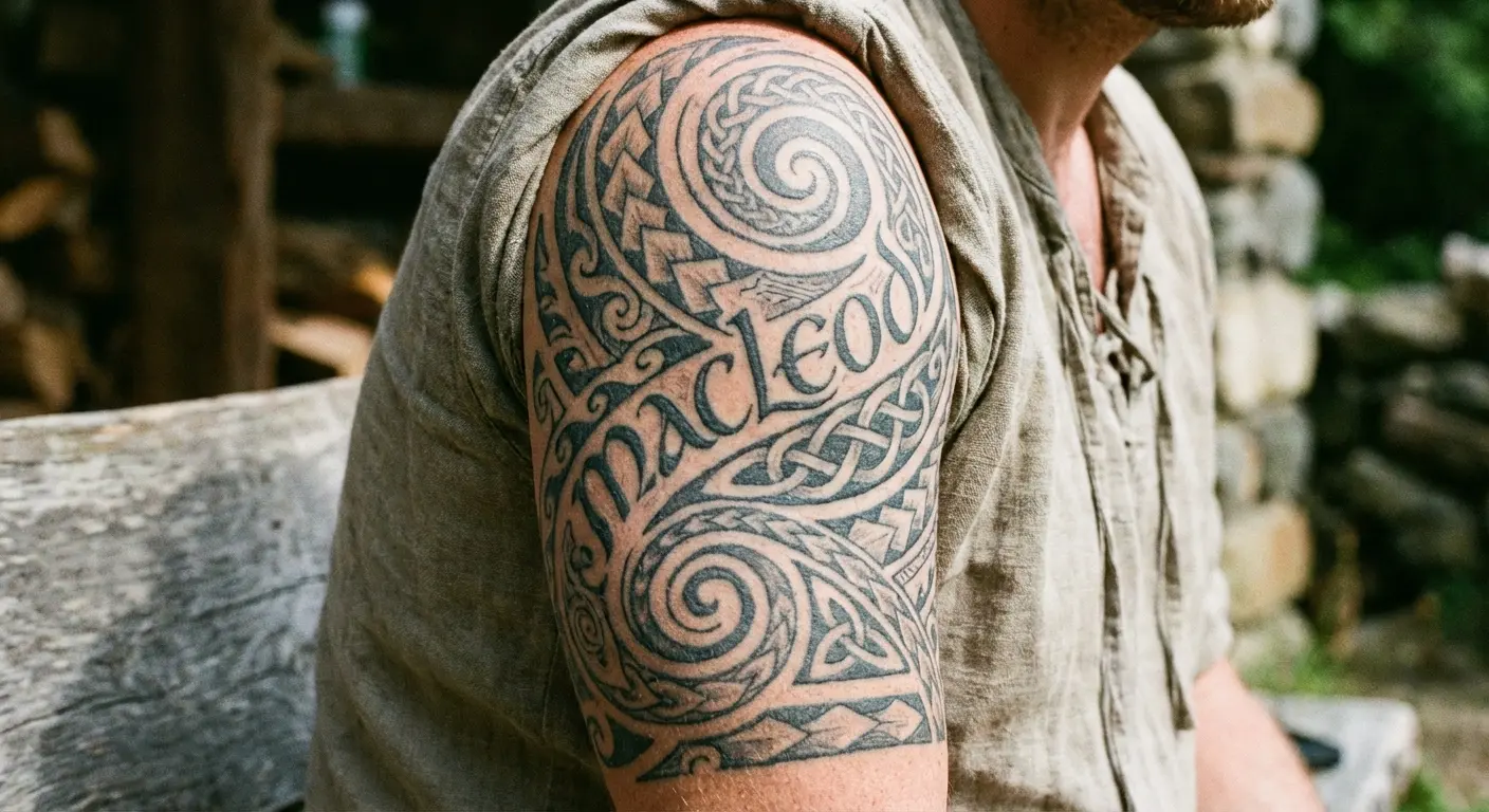 Last name tattoo with occupation symbols