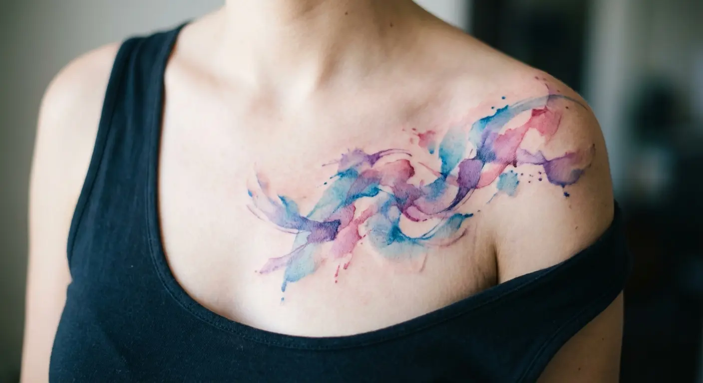Abstract art chest tattoo on woman