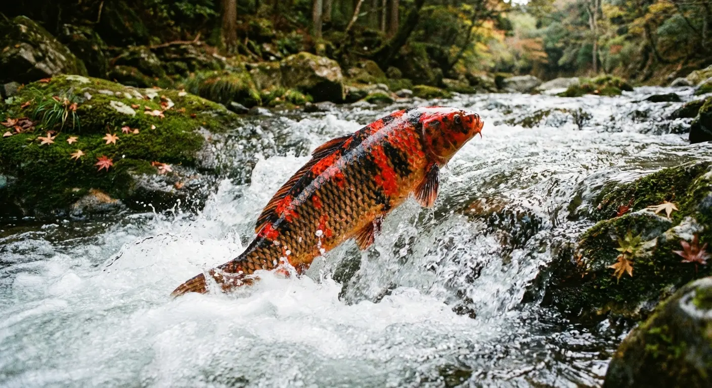 Koi fish swimming upstream, scales catching light like they're actually moving through water