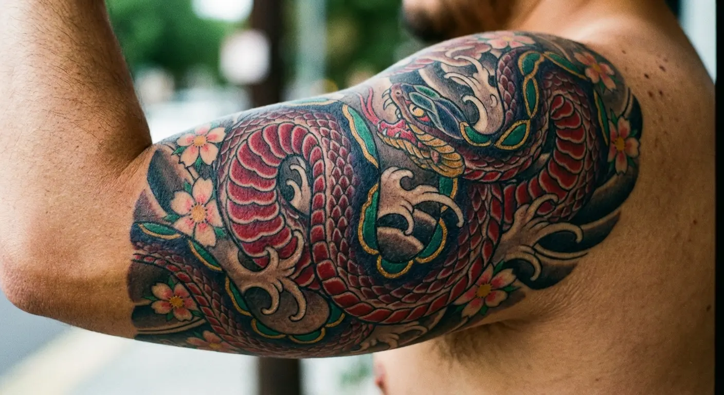 Japanese snake tattoo design with traditional elements