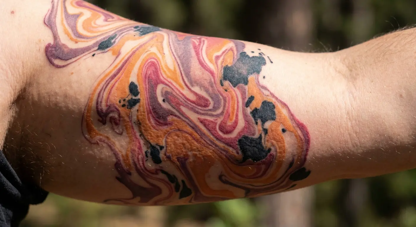 Sunset gradient suminagashi tattoo with warm tones