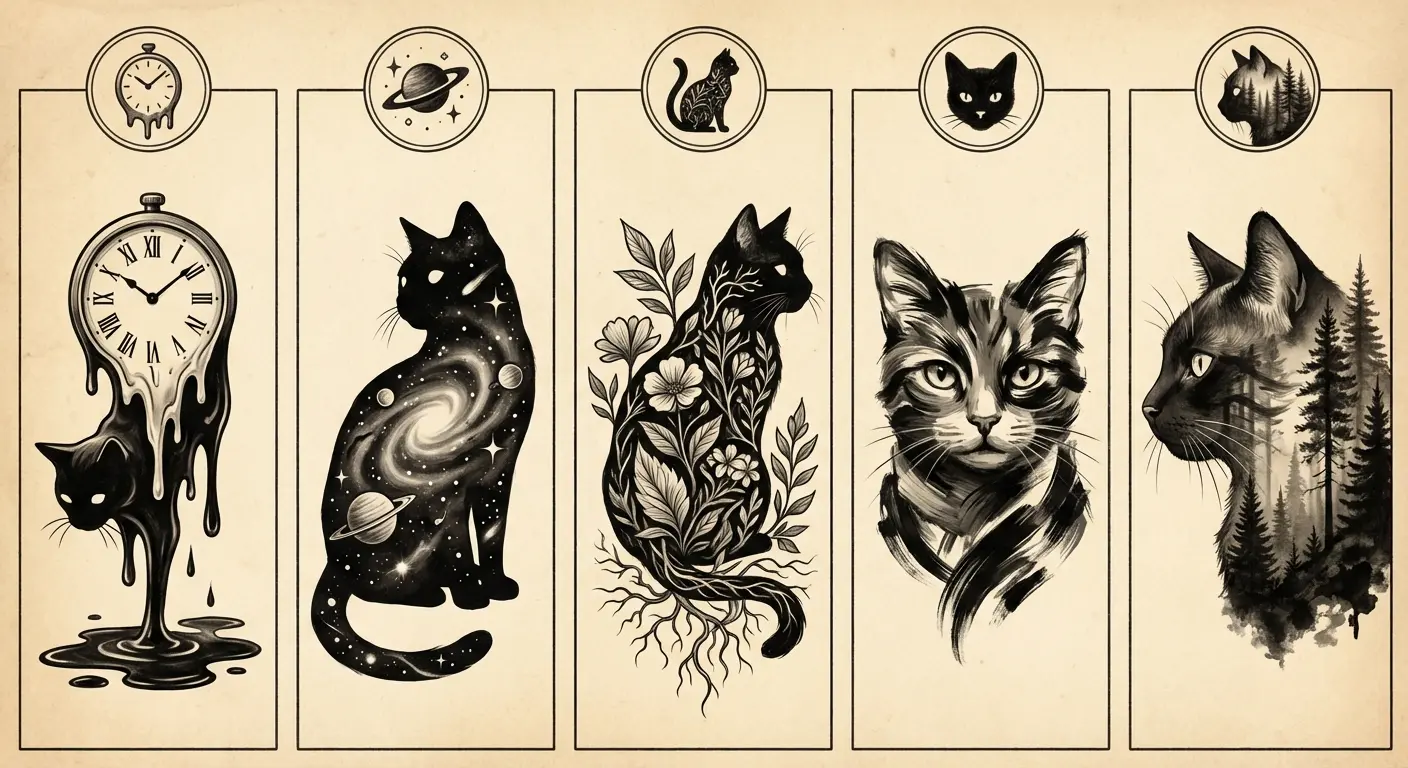 Abstract brush stroke black cat on forearm showing bold, gestural marks that suggest feline form without literal rendering