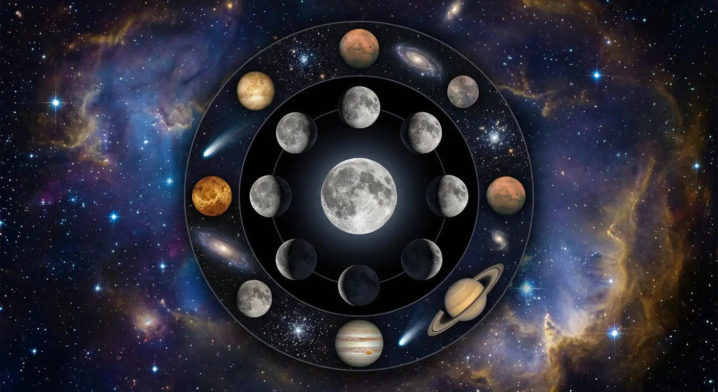 Celestial ouroboros with moon phases and stars