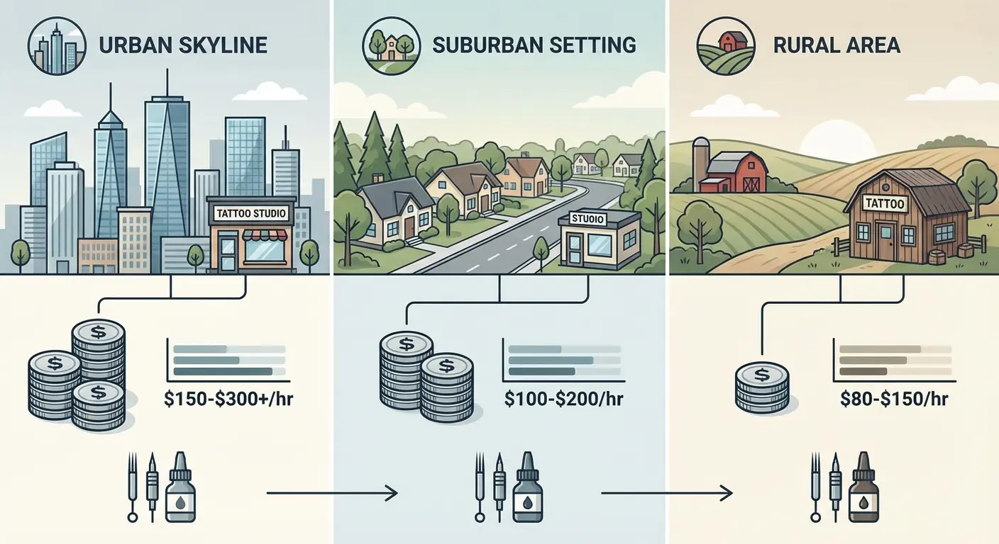 Urban tattoo shop storefront in city