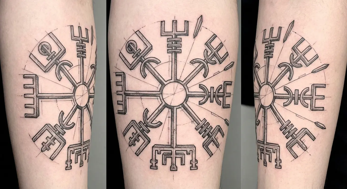Fragmented geometric vegvisir tattoo design