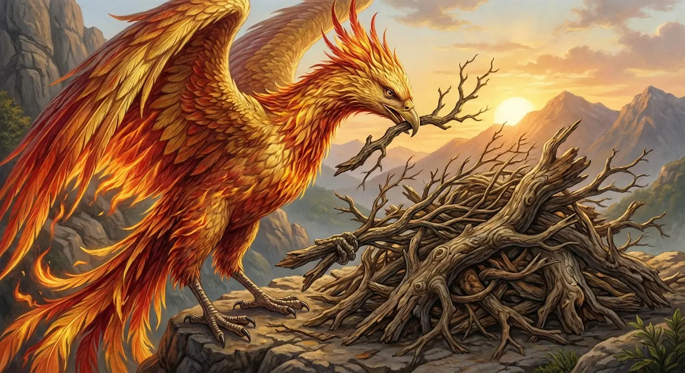 Traditional phoenix tattoo design with flames