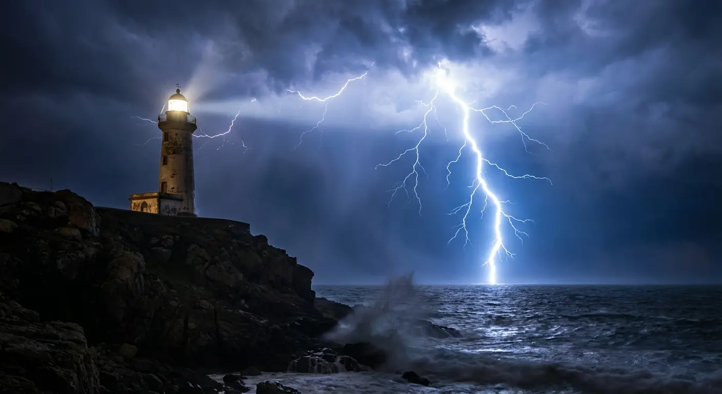 Stormy night lighthouse with lightning strike