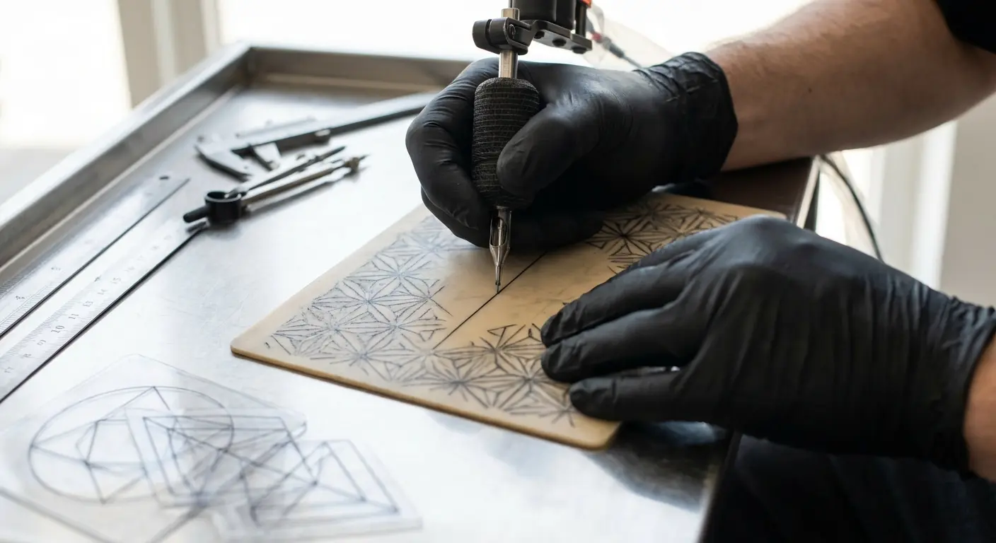 Detailed valknut tattoo line work