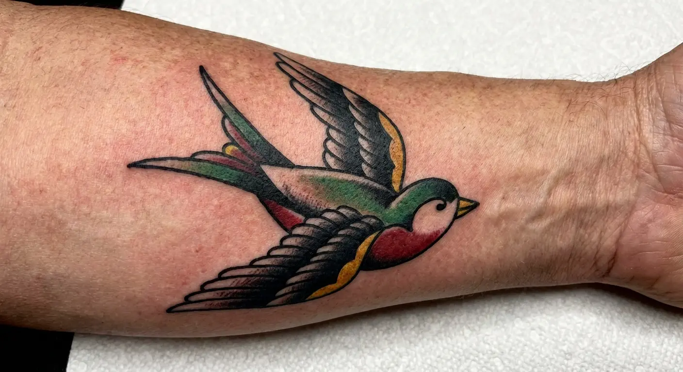 Traditional sparrow tattoo in flight