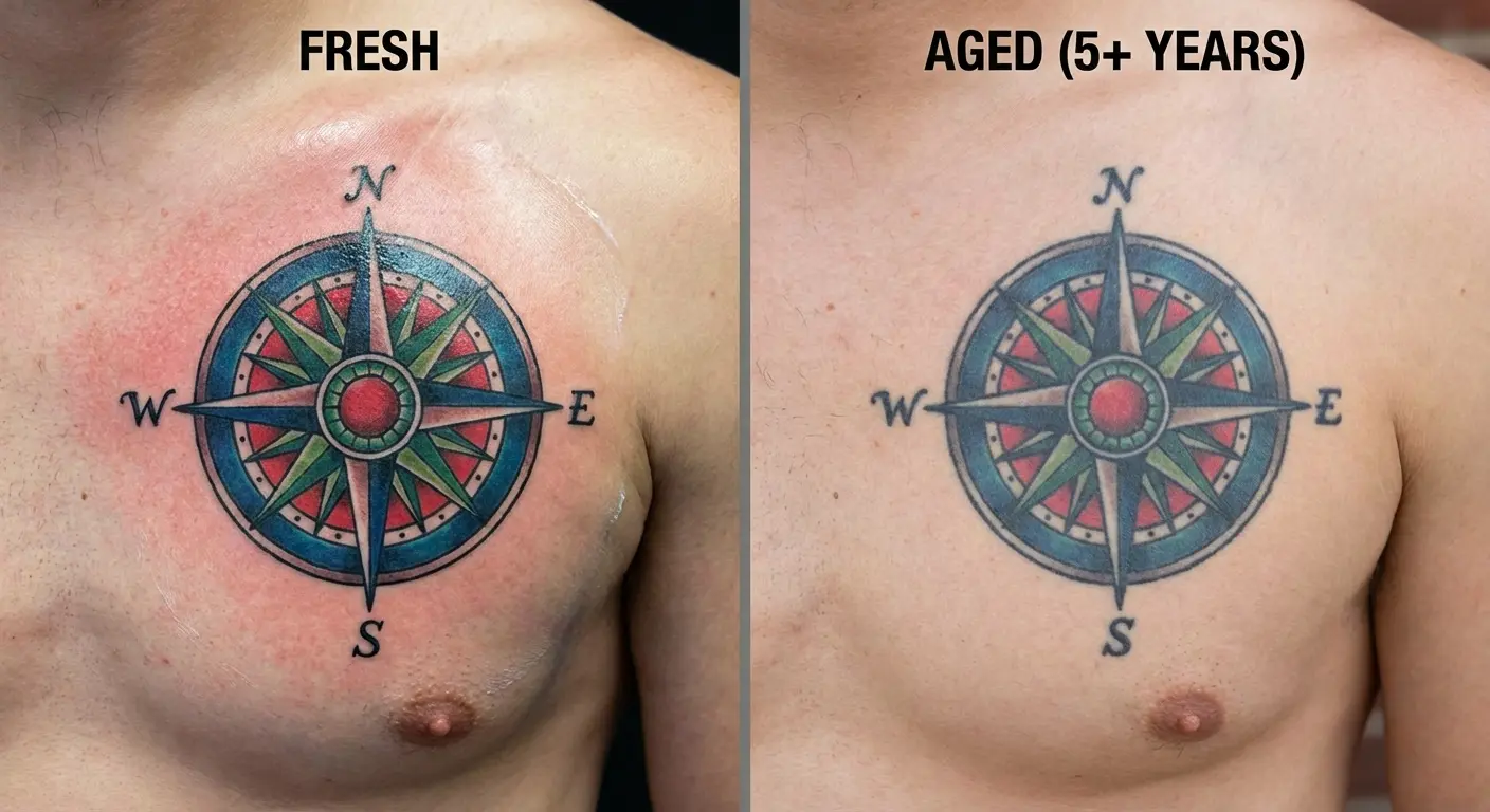 Before and after photos of a 5-year-old chest tattoo getting touch-up work