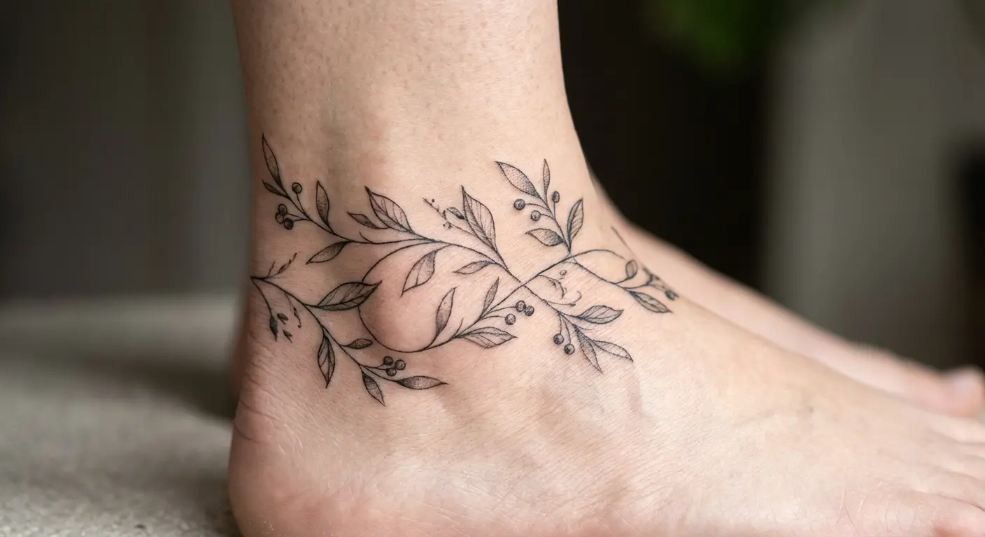 Ankle wraparound vine fineline tattoo design