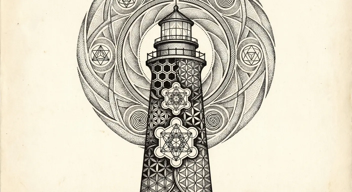 Blackwork geometric lighthouse tattoo structure