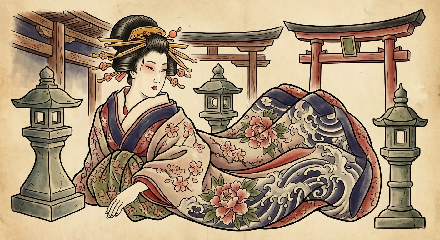 Geisha with elaborate kimono pattern and seasonal flowers