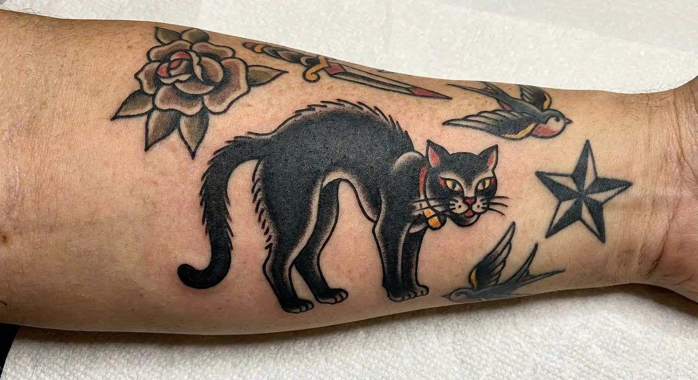 Traditional style black cat with banner reading 'Nine Lives' wrapped around its body, showing classic bold linework