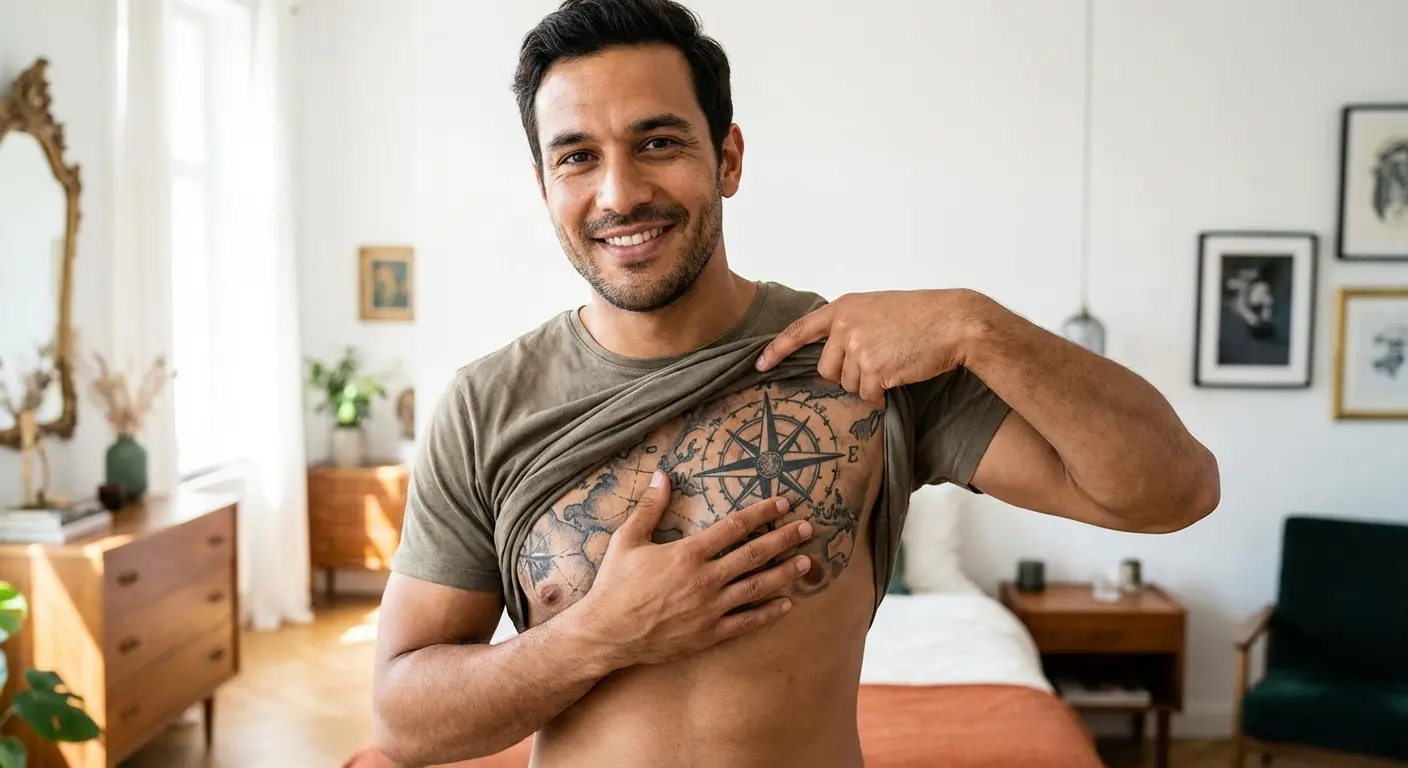 Fully healed chest tattoo showing the final result after all sessions complete