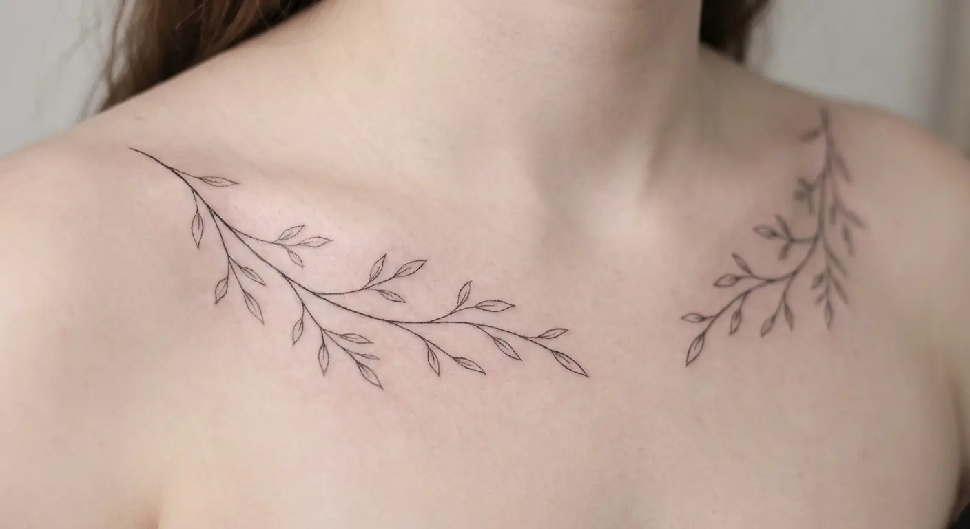 Fine line collarbone branch tattoo