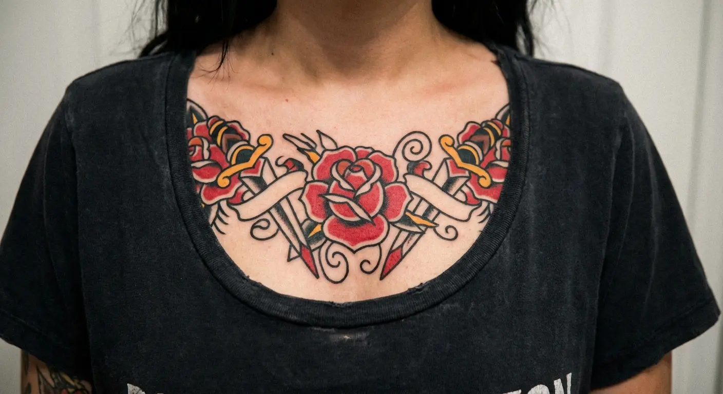 Traditional American chest tattoo on woman