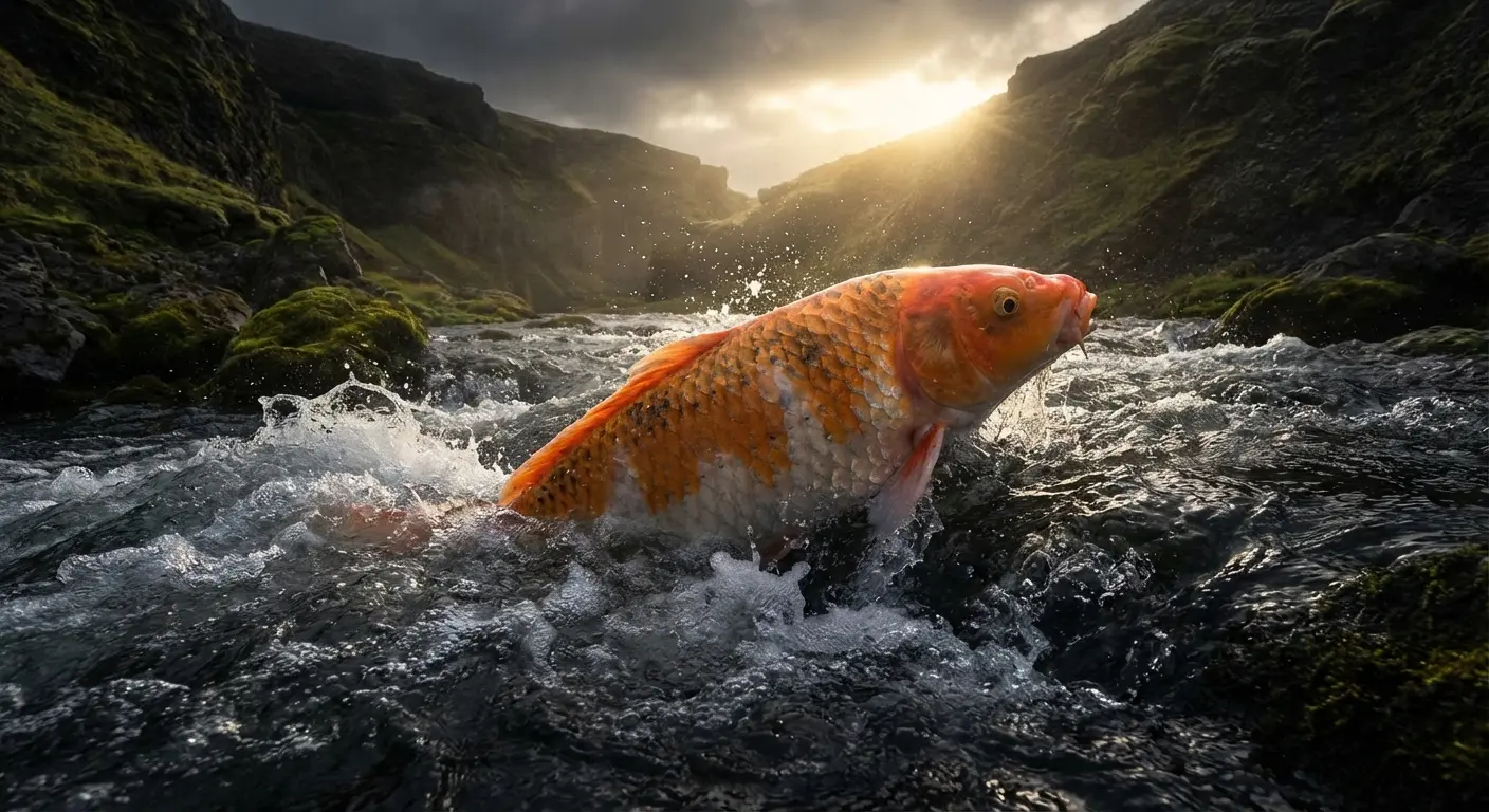 Upstream koi fish tattoo design with waves