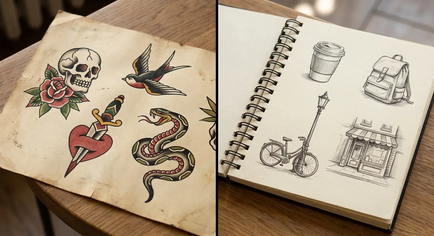 Traditional tattoo flash designs on wall