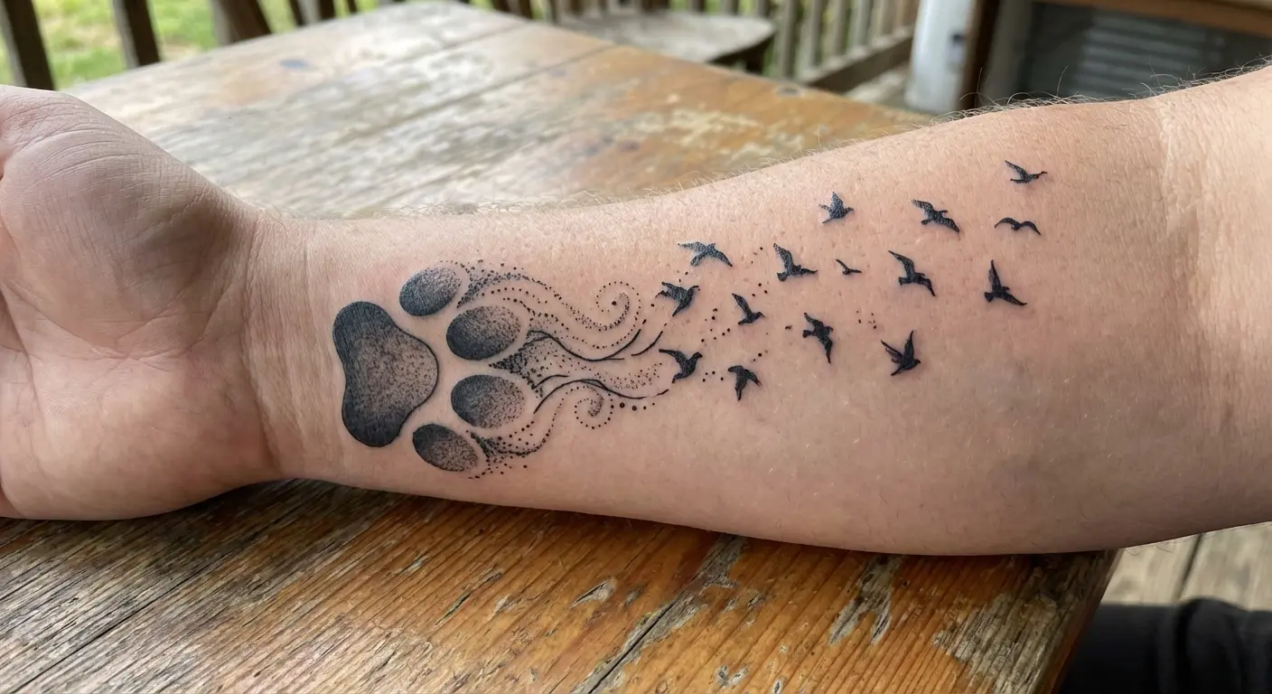 Paw print dissolving into flock of flying birds