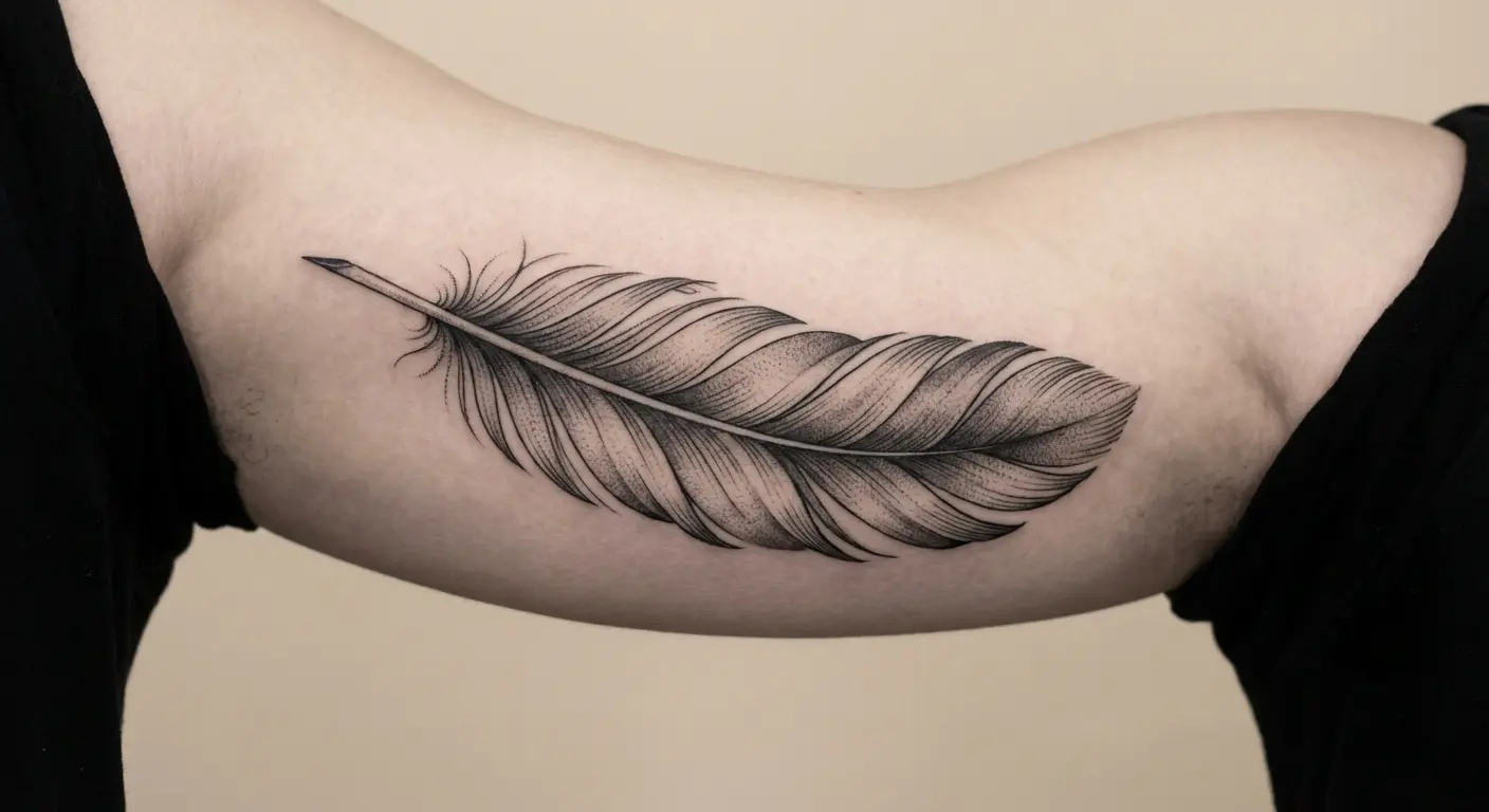 Black and gray realistic feather tattoo