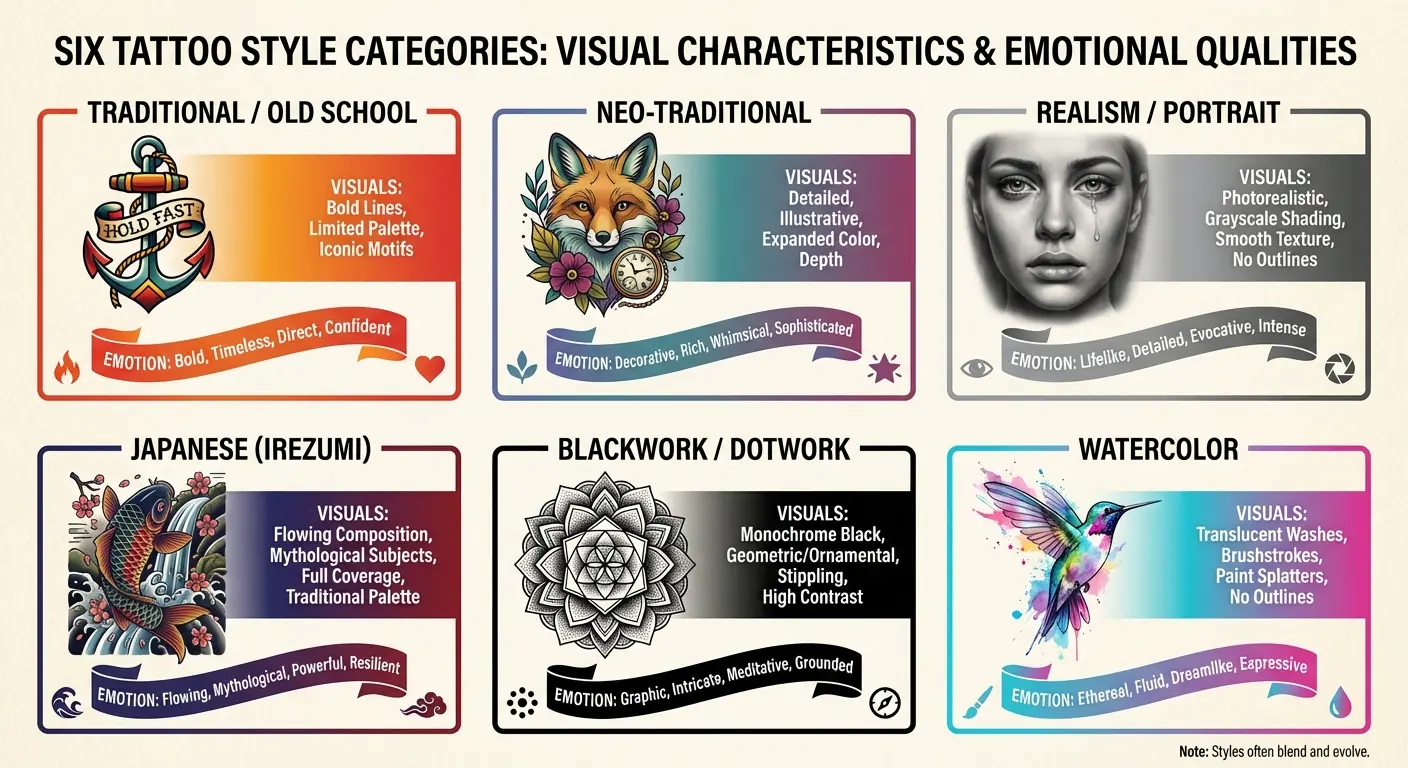 Same tattoo design in different artistic styles