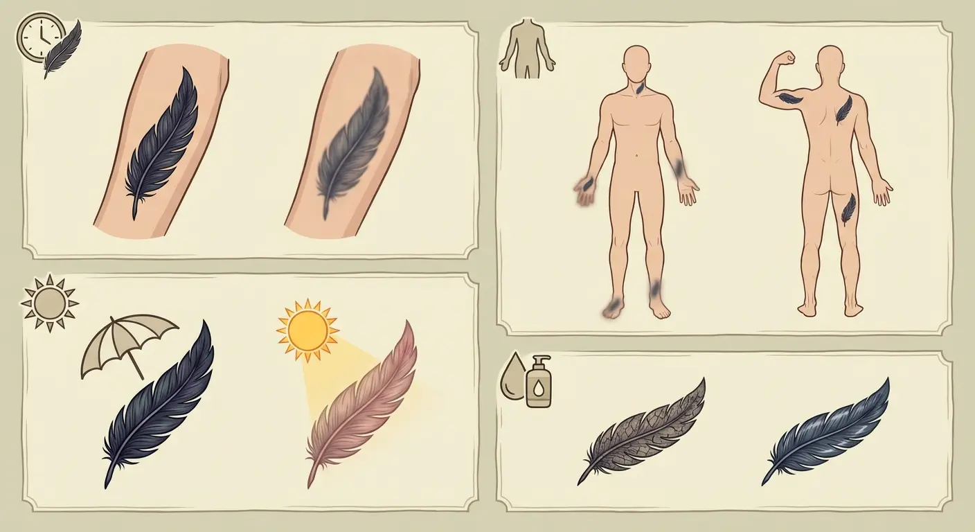 Aged feather tattoo showing natural evolution