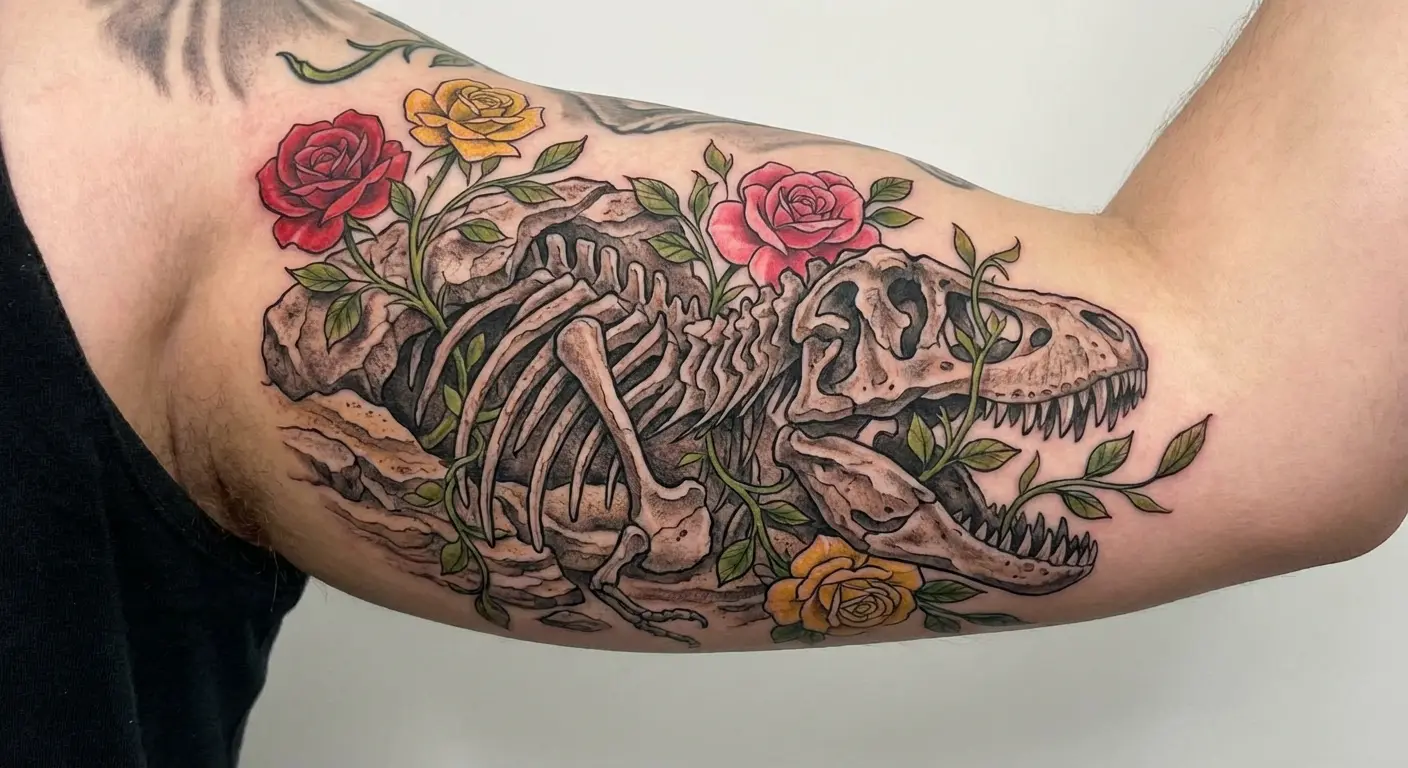 Fossilized dinosaur bones with living flowers