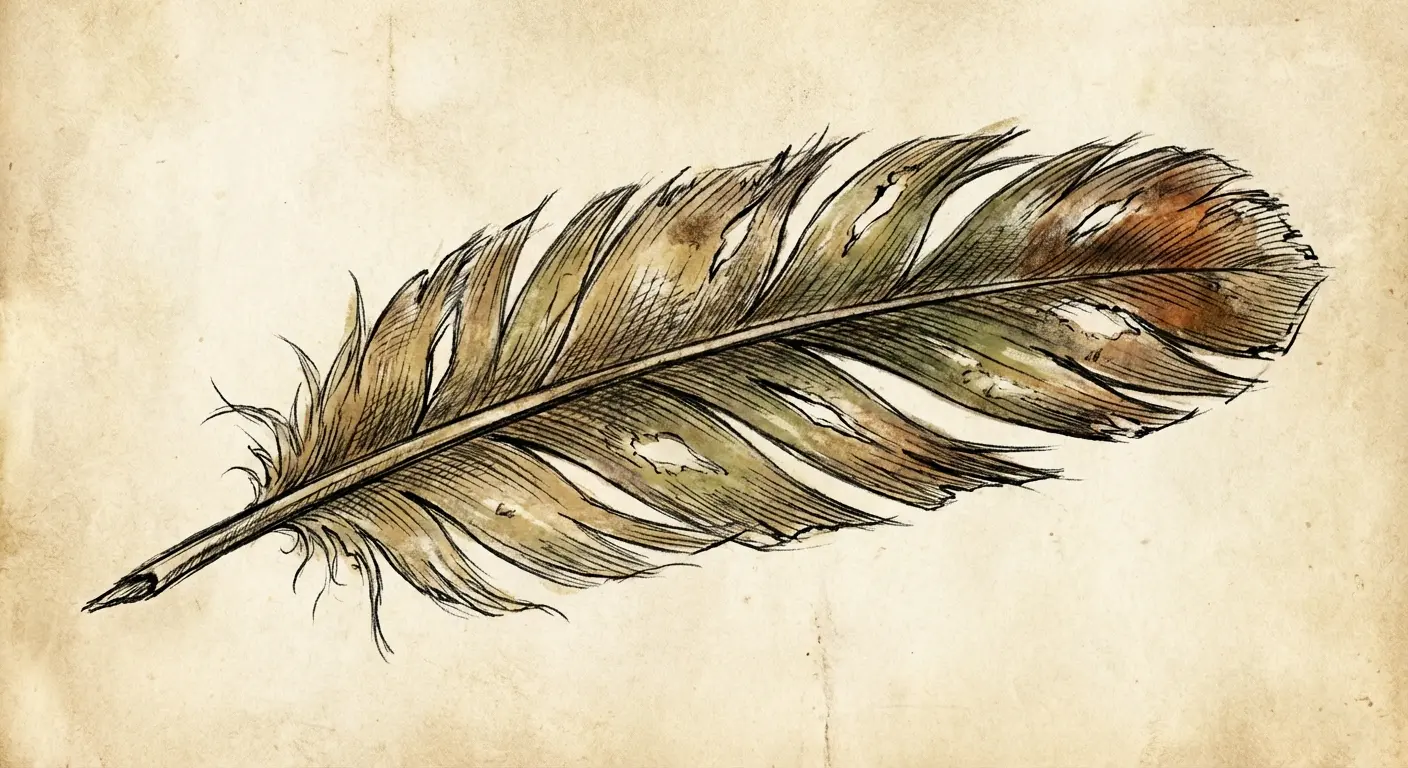 Broken feather tattoo showing frayed edges