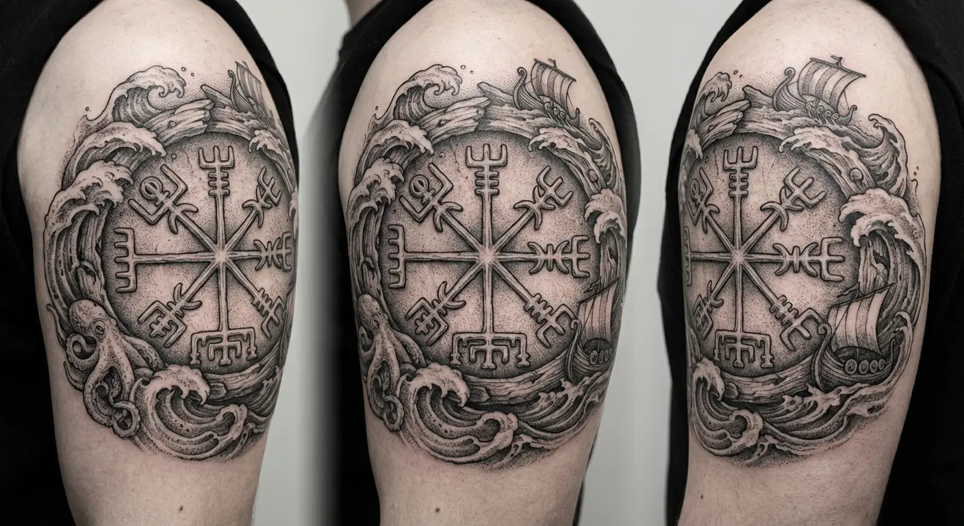 Vegvisir tattoo with ocean wave design